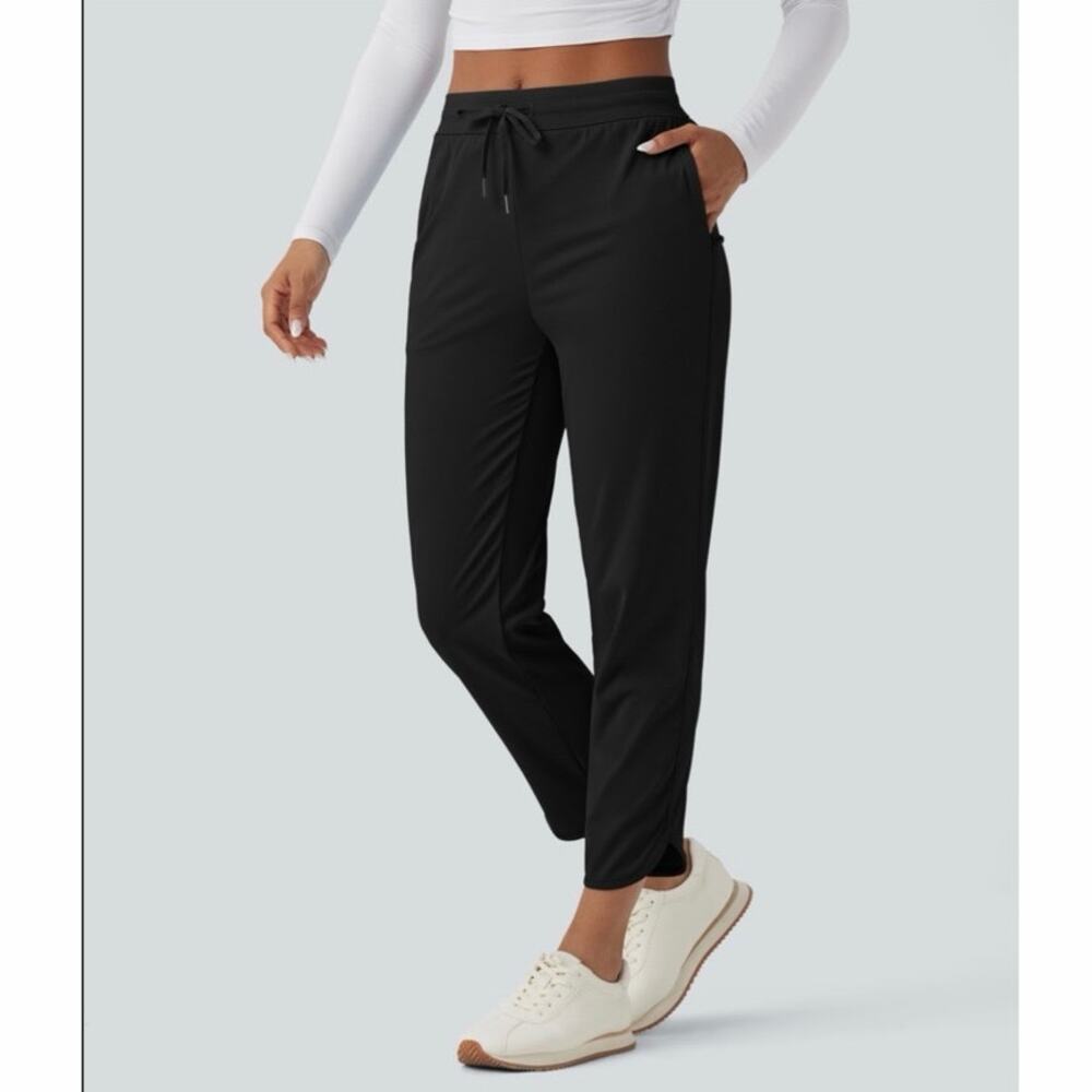 NWOT Halara Mid Rise Drawstring Quick Dry Tapered Pants Black Size L Regular - Picture 1 of 9